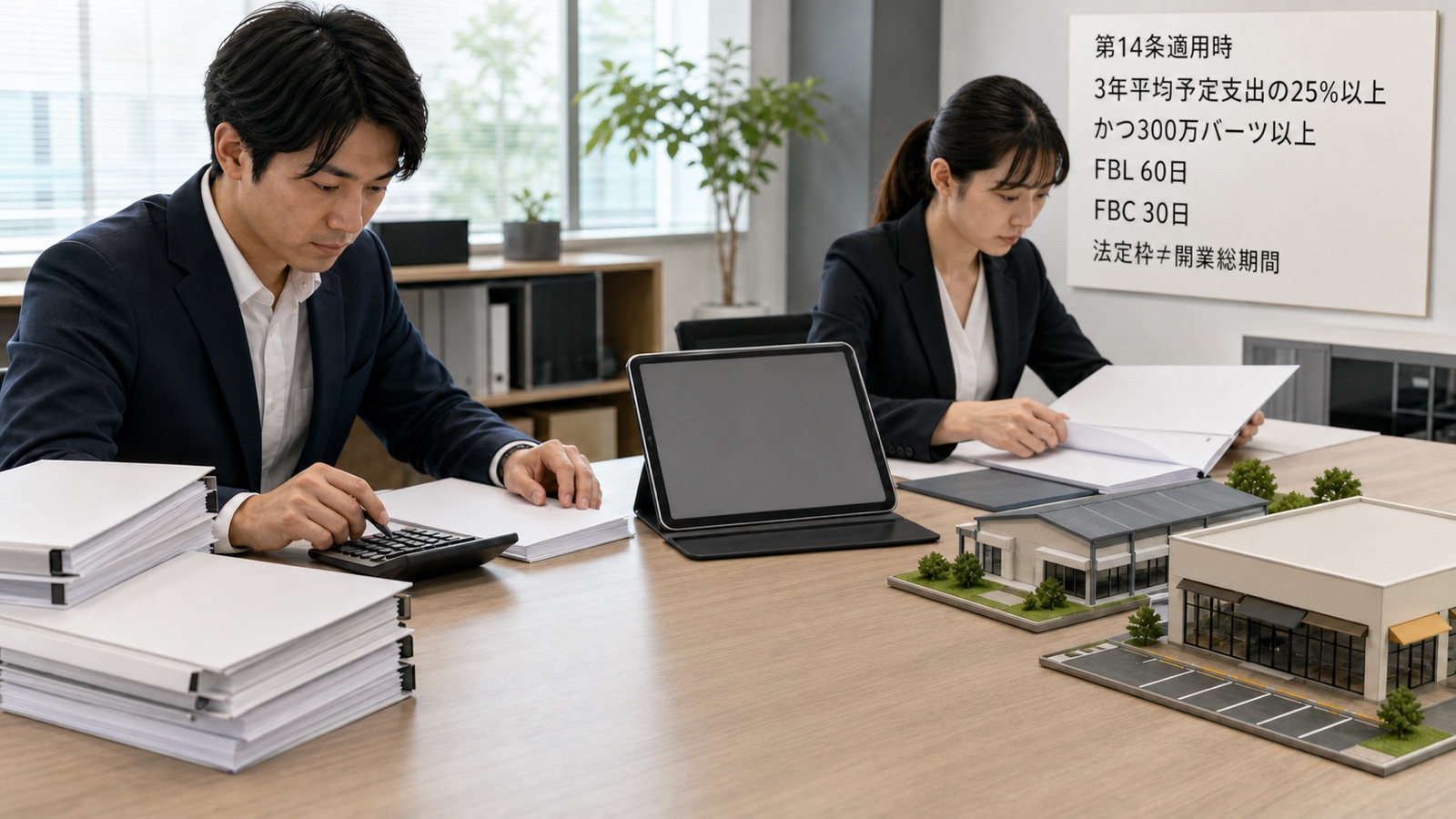 タイ外国人事業法14条が適用される事業で最低資本を固定資産と運営費用から計算し、申請、審査、発行までの法定期間を確認する流れ