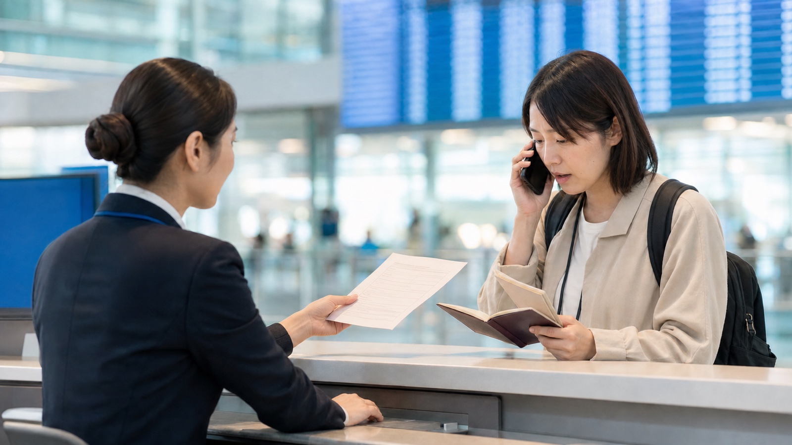 タイの空港で欠航した旅行者が航空会社の証明と旅券を手に入管へ電話相談する様子