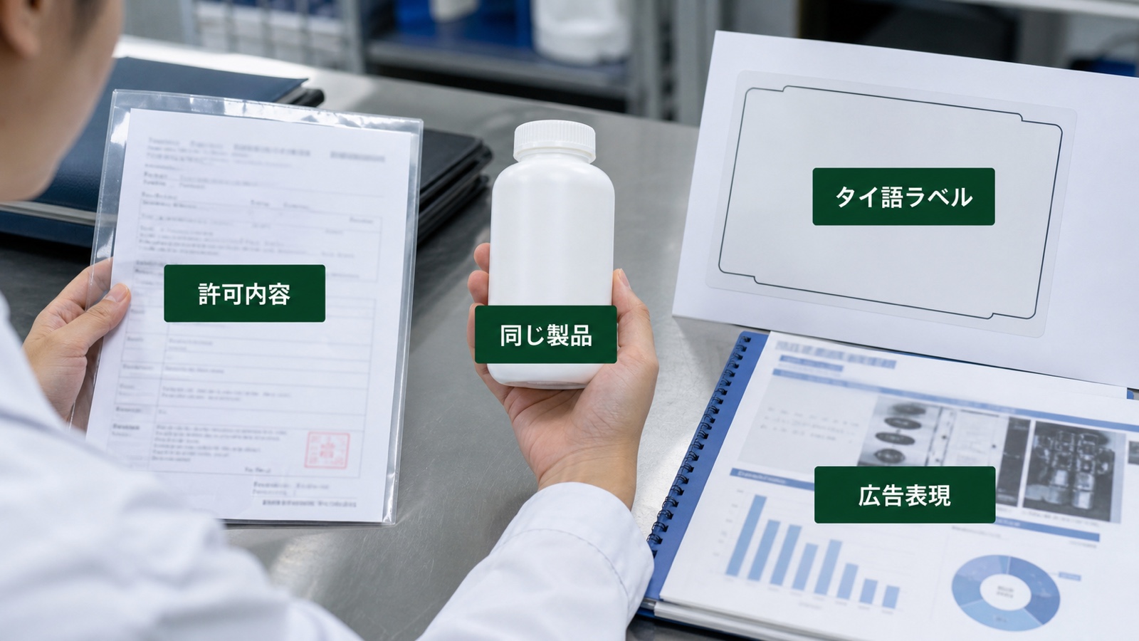 タイ向け商品の実物ラベルで商品名、輸入者、内容量、原材料、注意、許可番号、効能根拠を確認する担当者