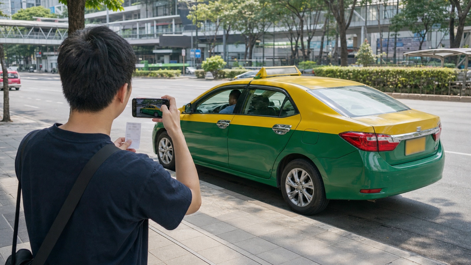 バンコクで流しのタクシーを降りた乗客が安全な歩道から車両番号、ドア表示、運転者カード、領収書を記録する様子