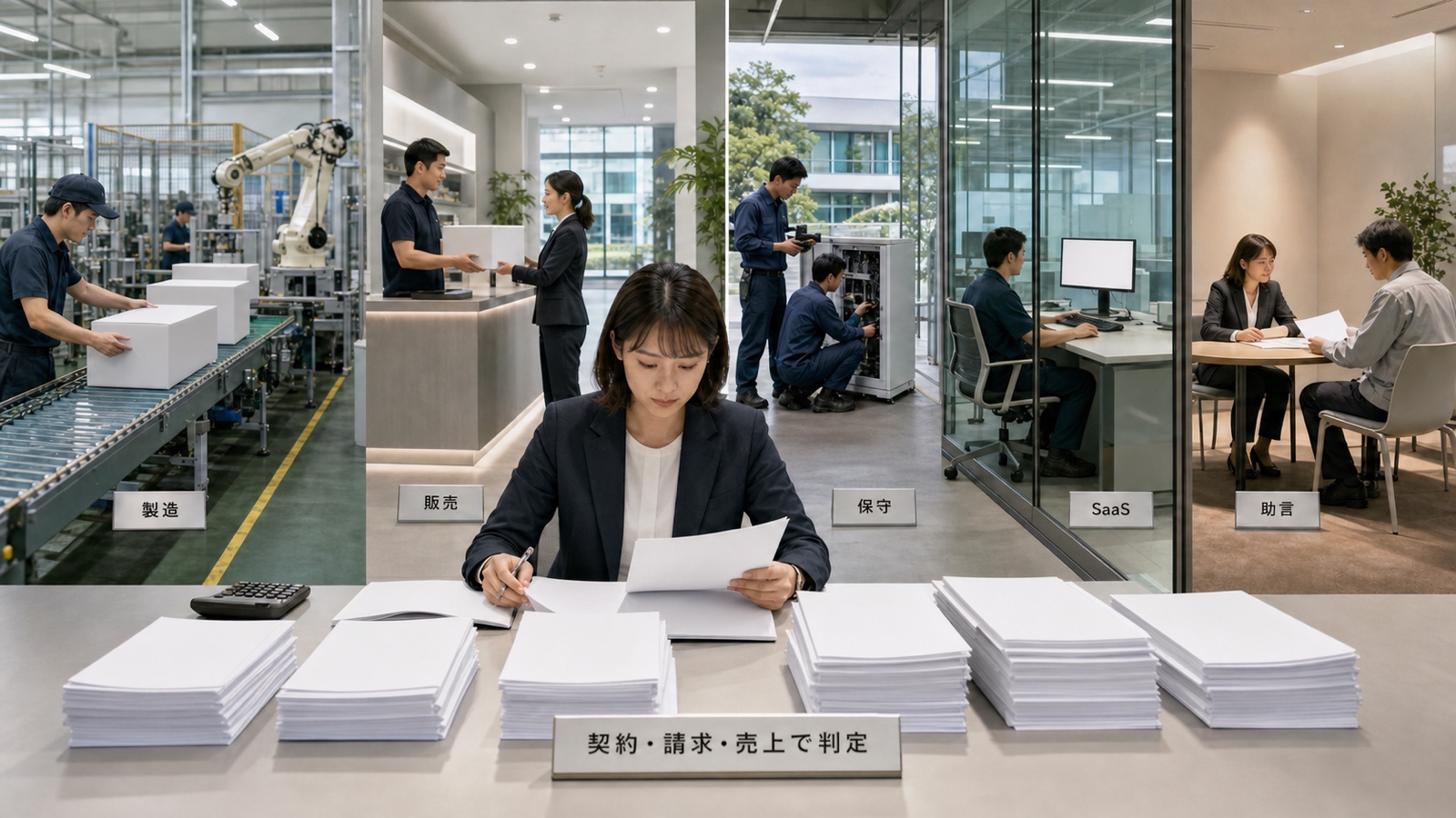 タイ法人の製造、販売、保守、SaaS、コンサルティングを契約・請求・売上単位に分けて許可範囲と照合する場面
