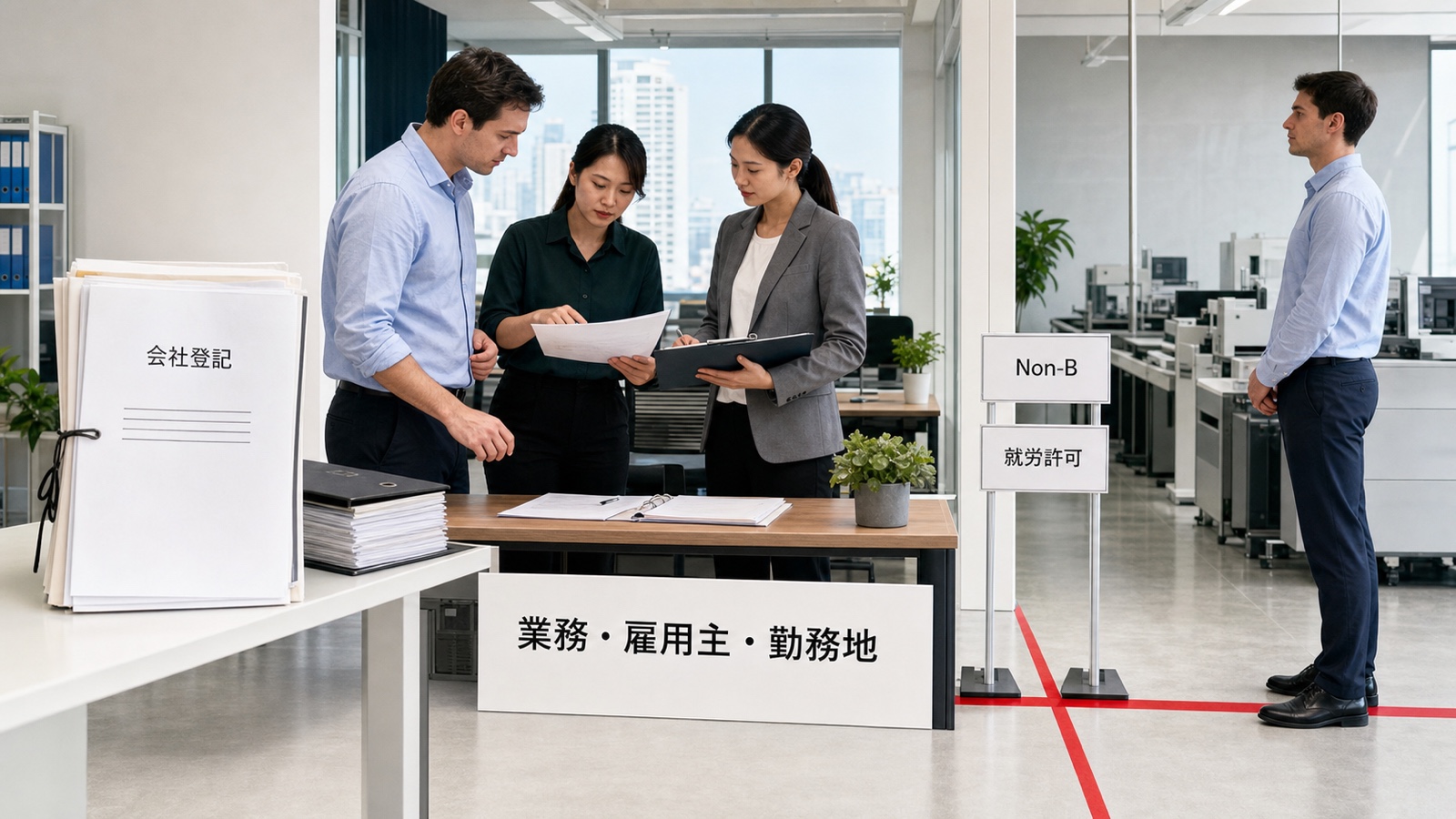 外国人従業員の業務内容、雇用主、勤務地、Non-Bビザ、就労許可を会社登記と分けて一致させる場面