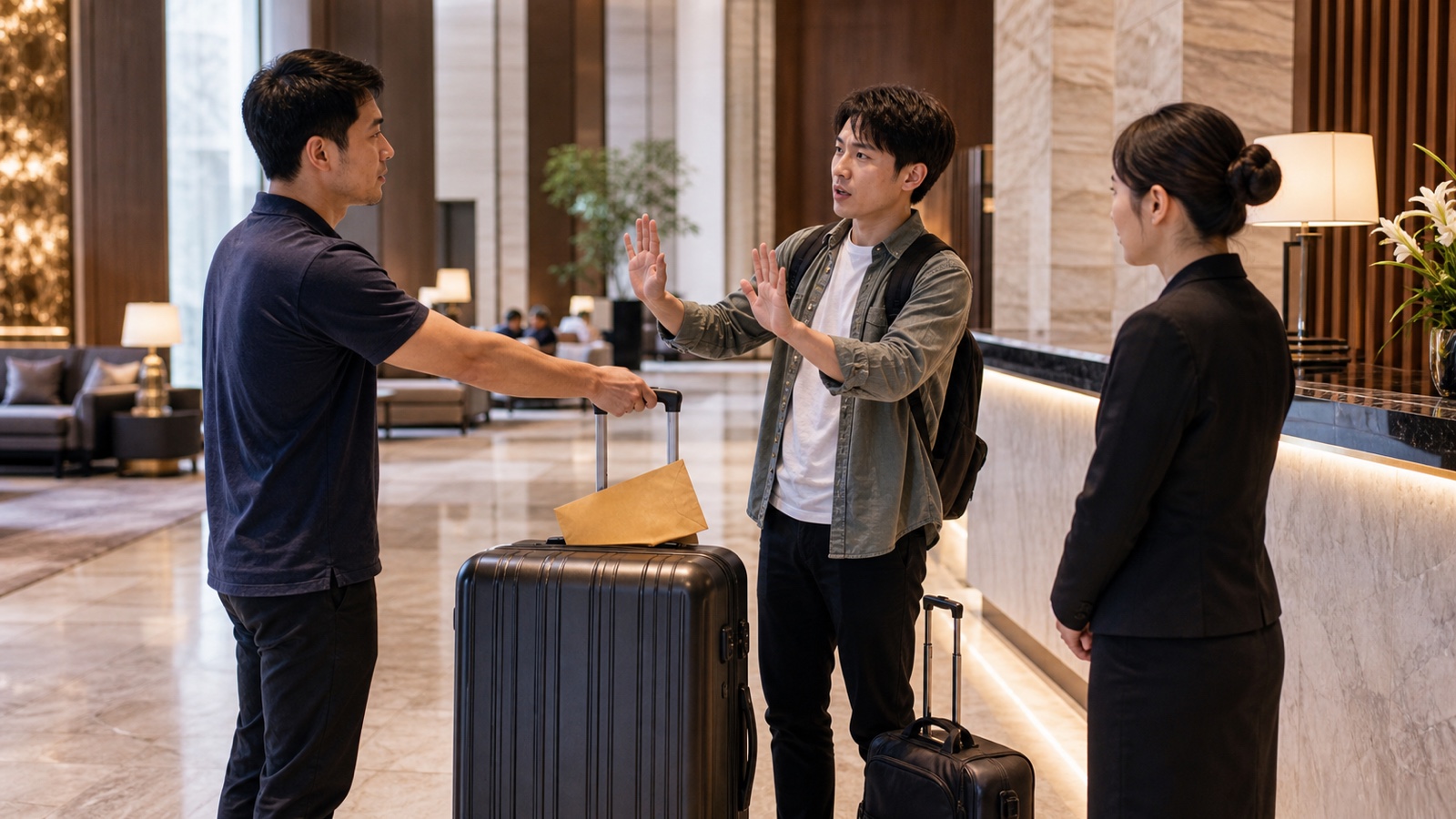 バンコクのホテルで旅行者が知人から差し出された封のあるスーツケースを断りスタッフへ相談する様子