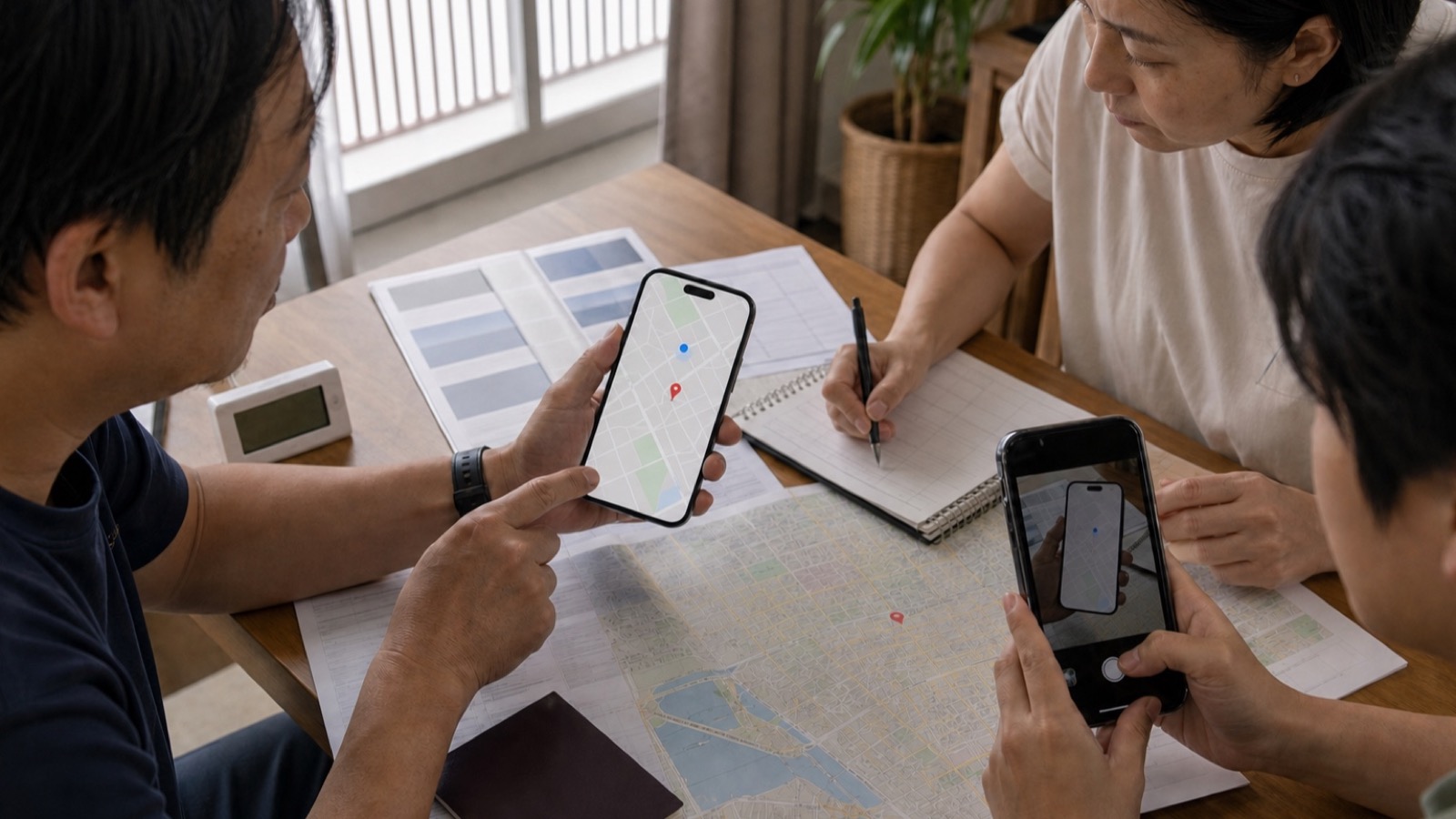 家族が事前に共有されたスマートフォンの最終位置と旅行日程を照合し、時刻と精度を警察へ伝える様子