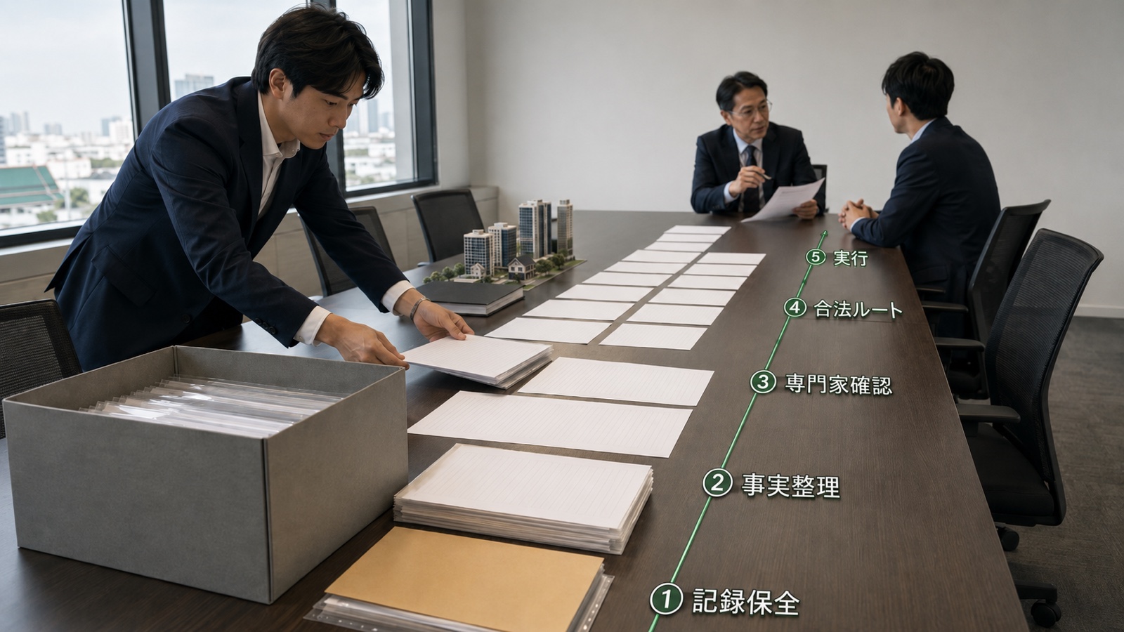 タイ会社の既存構造について記録保全、事実整理、独立弁護士の確認、合法ルート、実行を順に進める場面
