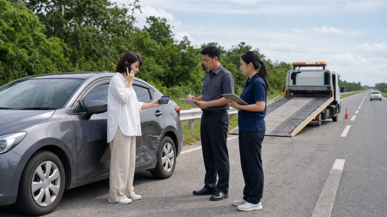 タイのレンタカー事故現場で利用者が貸出時の車両写真と現在の傷を照合し、警察とレンタカー会社の事故窓口へ連絡する様子
