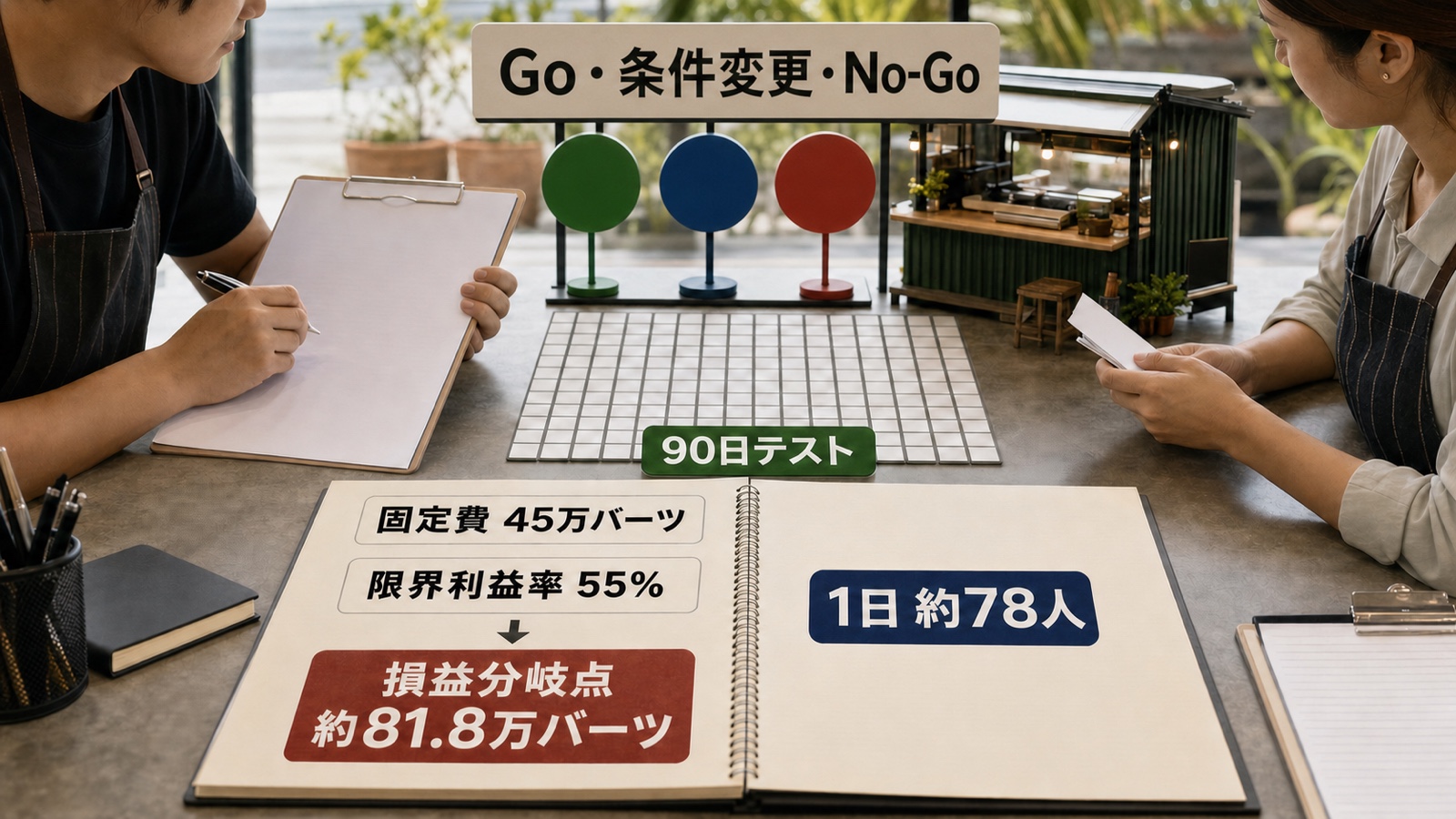 タイ飲食店の固定費、限界利益、必要客数を計算し90日テストからGo・条件変更・No-Goを決める流れ
