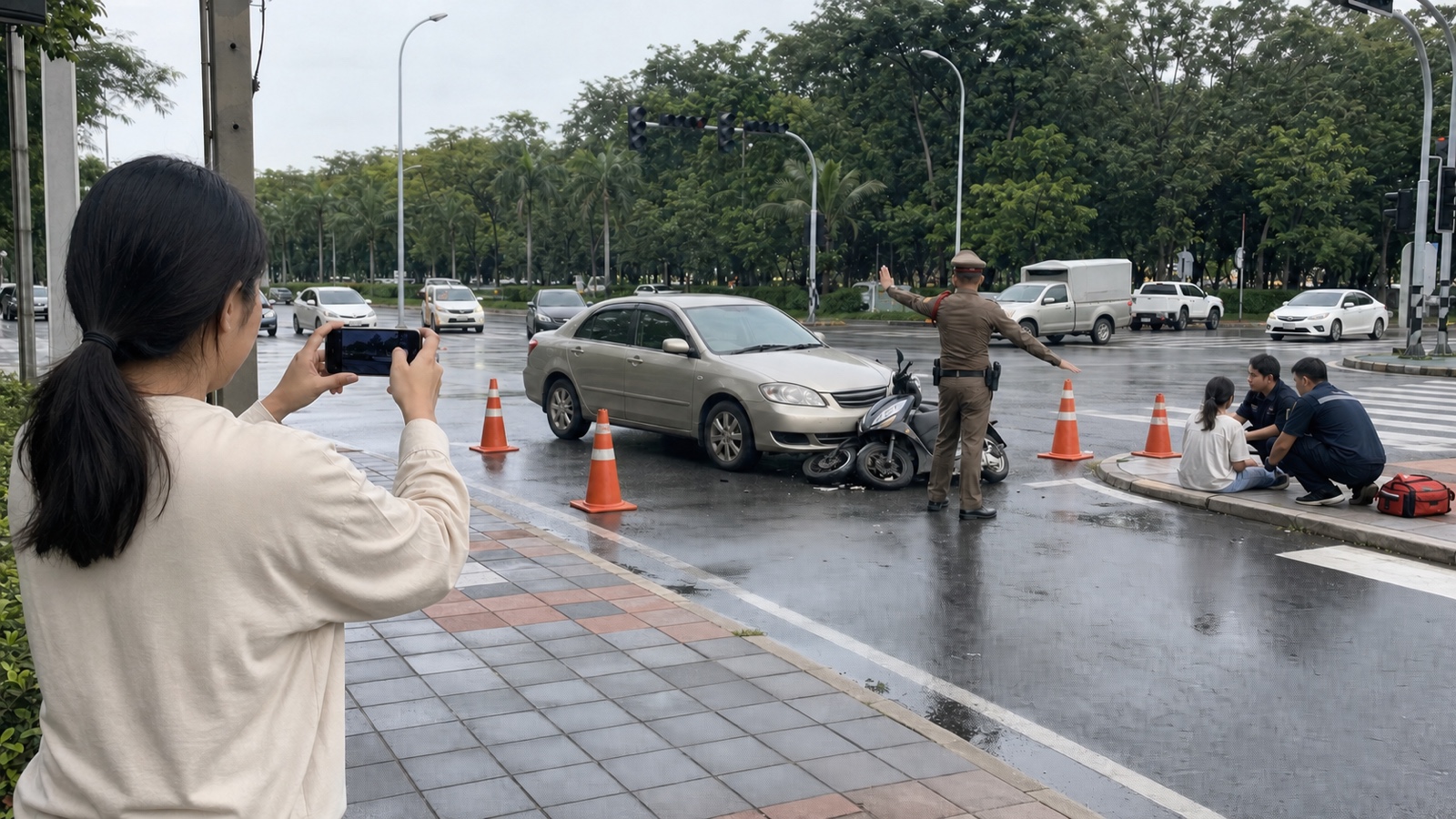 タイの交通事故現場で安全を確保し、負傷者を動かさず、車両位置と路面状況を離れた場所から記録する様子
