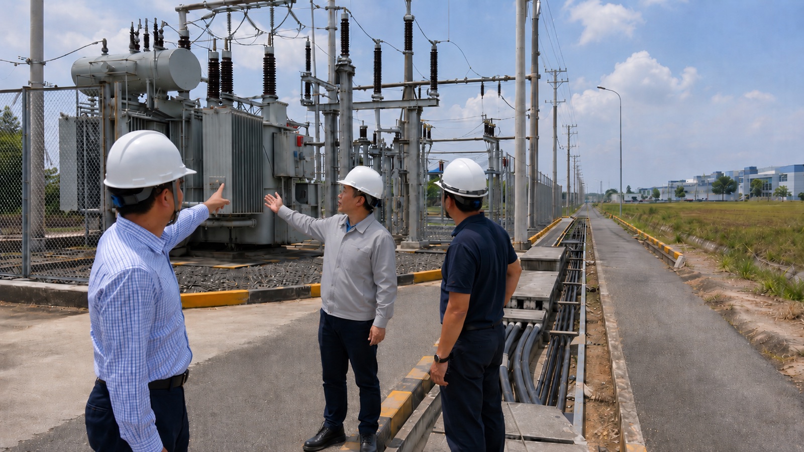 ベトナム工業団地の変電所、主配電線、予備回線を現地確認する企業担当者