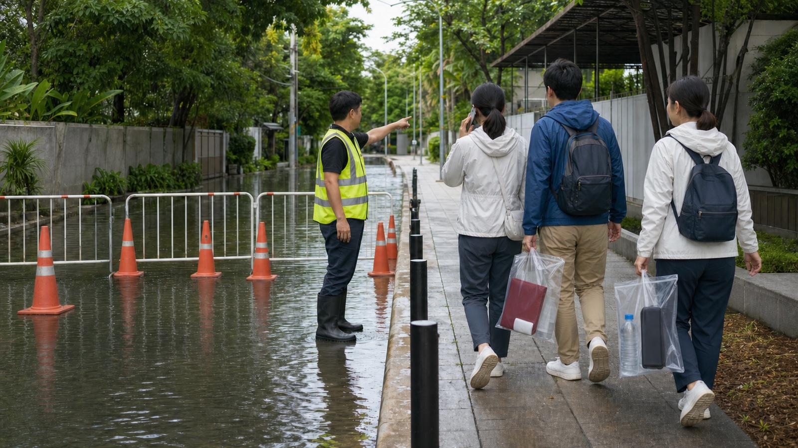 タイの洪水時に日本人家族が避難経路を確認し、停電した道路を避けて高い場所の公的避難所へ移動する様子