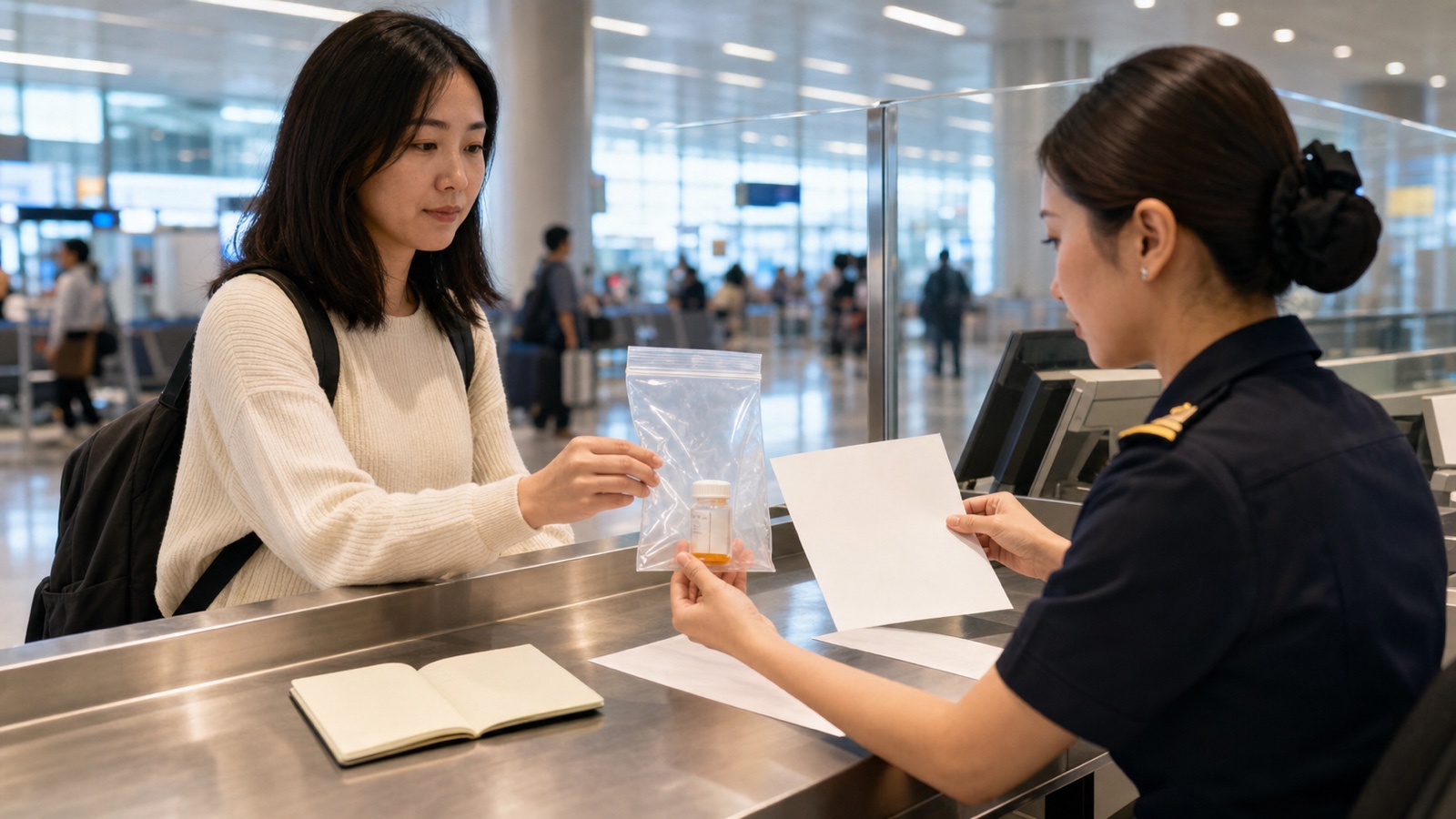 タイの空港Red Channelで旅行者が元の処方容器、医師証明、Thai FDA許可を税関職員へ提示する様子