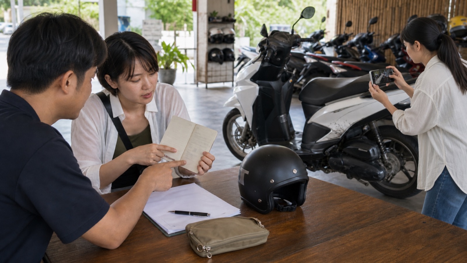 タイのレンタルバイク店で利用者が貸出前の車体傷を撮影し、二輪運転資格と保険条件を店員と確認する様子