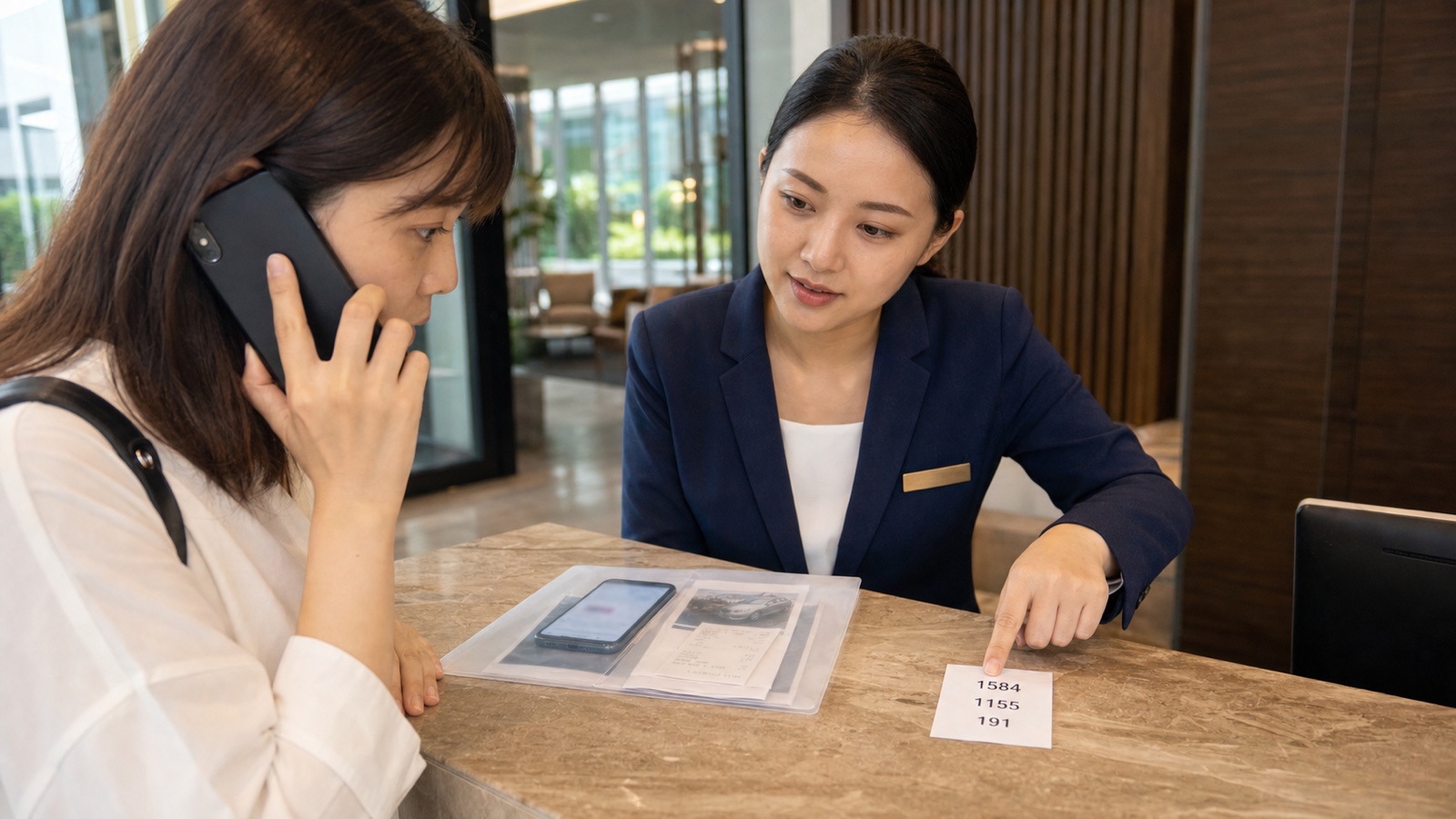タイのホテル受付で旅行者が乗車記録を整理し、料金苦情は1584、外国語支援は1155、犯罪は191へ連絡を分ける様子