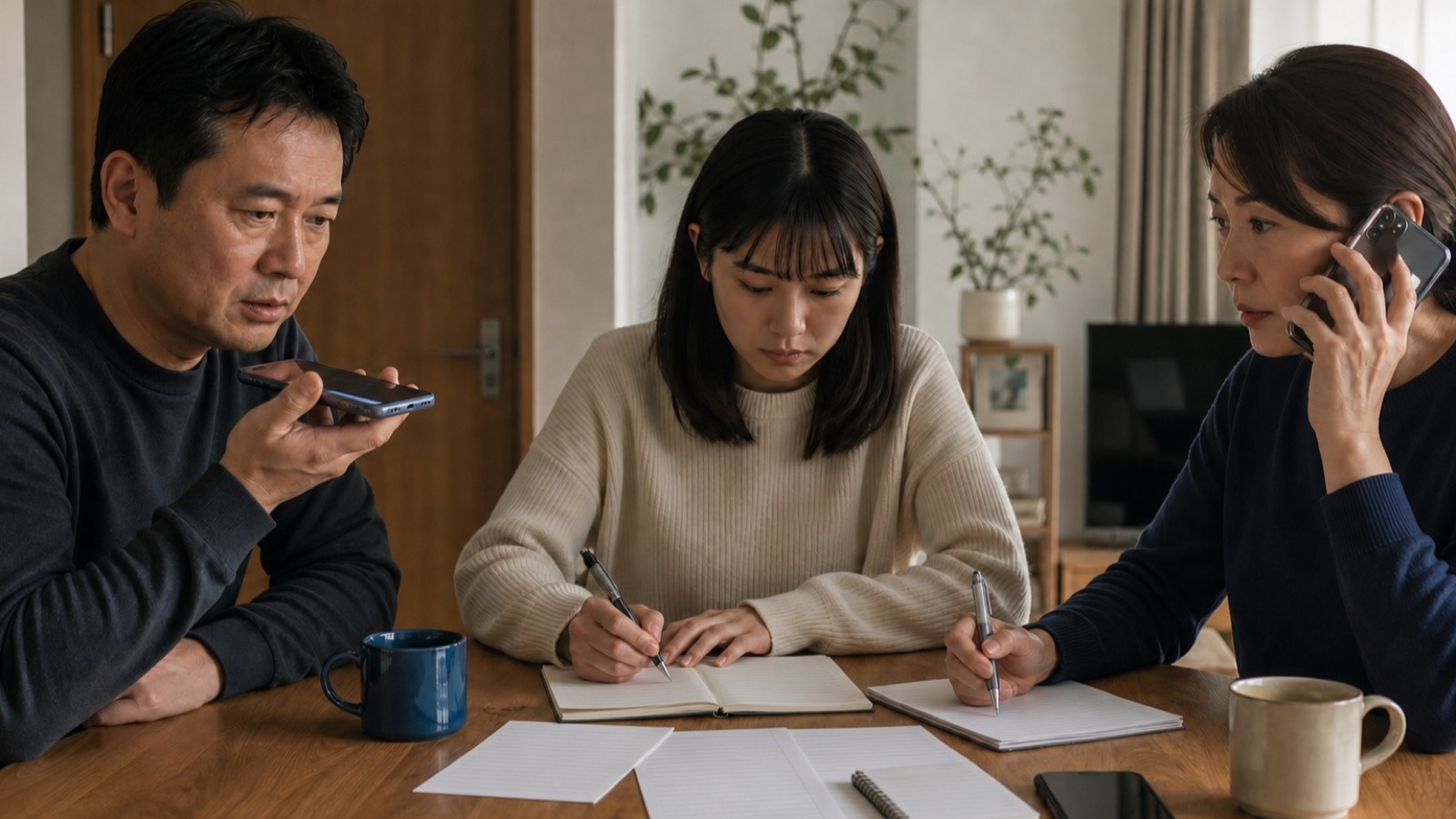誘拐を装う送金要求を受けた家族が、別の電話でホテルと警察へ本人確認を行い証拠を保存する様子