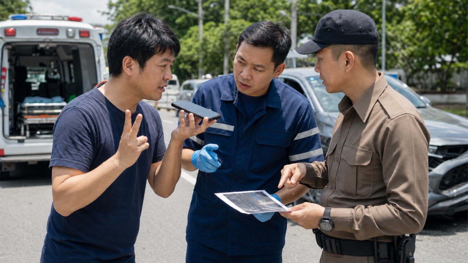 タイの事故現場で日本人当事者が観光警察の電話通訳を介し、救急隊員と警察官へ状況を説明する様子