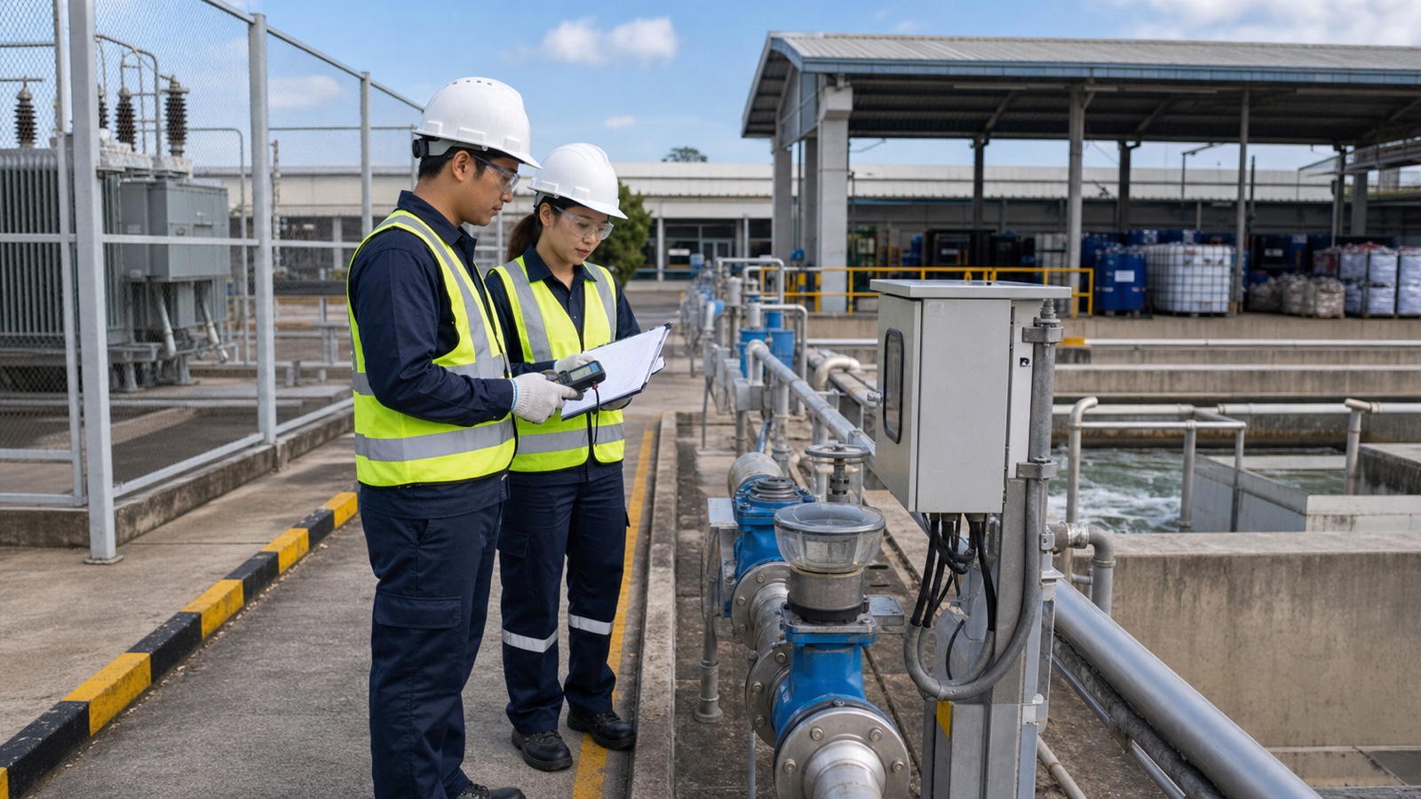 タイ工場で設備技術者と環境担当者が受電設備、水量計、排水処理設備、廃棄物保管区画を現場確認する様子