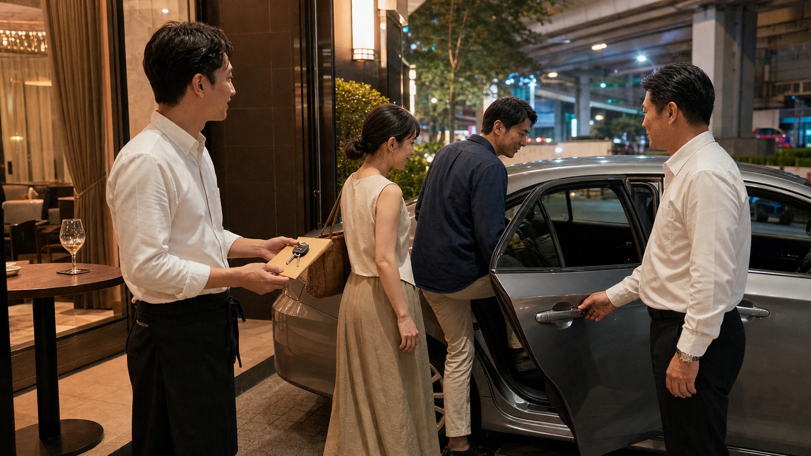 バンコクの飲食店を出た旅行者が酒を残して運転せず予約した配車へ乗る様子
